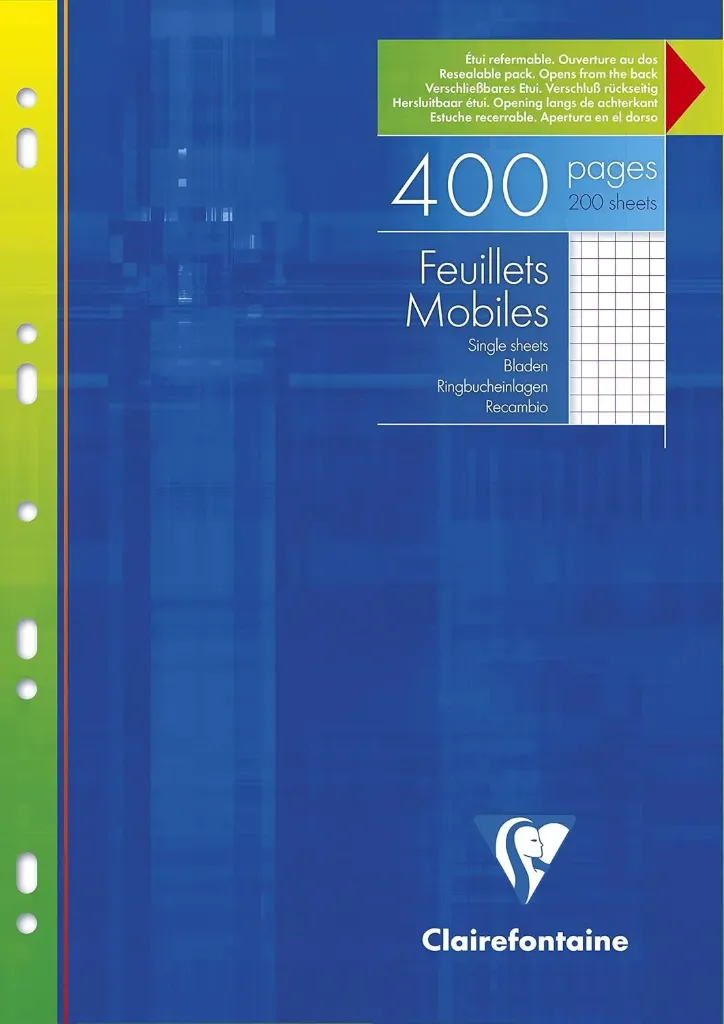Feuillets Mobiles Perforés - A4 21x29,7 cm - 400 Pages Petits Carreaux - Papier Blanc 90 g - Étui Réutilisable