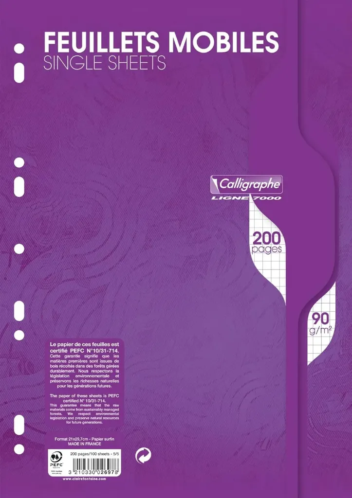 Clairefontaine | Paquet de Feuillets Mobiles Perforés sous Film - A4 - 200 Pages Petits Carreaux