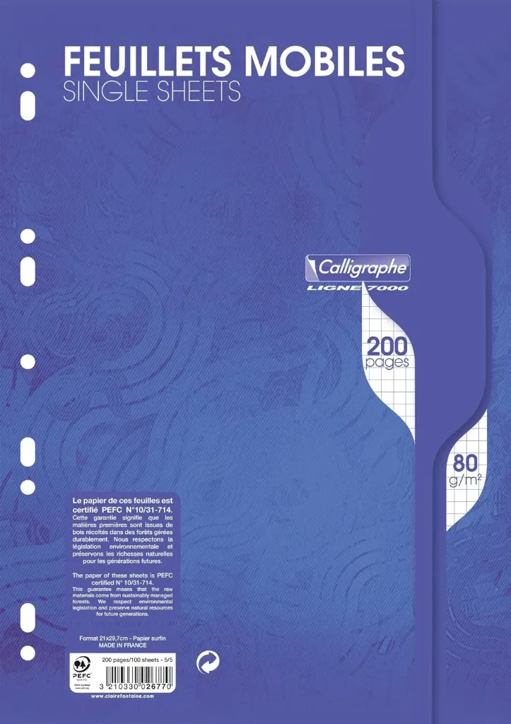 Clairefontaine | 7000, Feuillets mobiles s/film 21x29,7 200p Q.5x5 80g