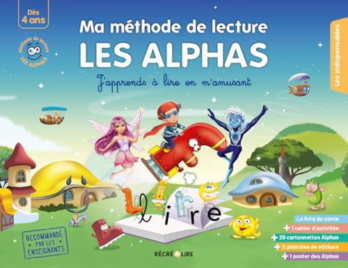 Ma méthode de lecture Les Alphas - J'apprends à lire en m'amusant Ce coffret contient : le livre du conte, 1 cahier d'activités, 31 figurines Alphas, 11 personnages, 4 planches de gommettes et 1 poster des Alphas